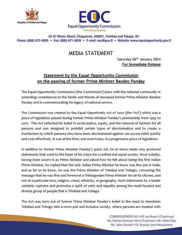 Statement on the passing of former Prime Minister Basdeo Panday